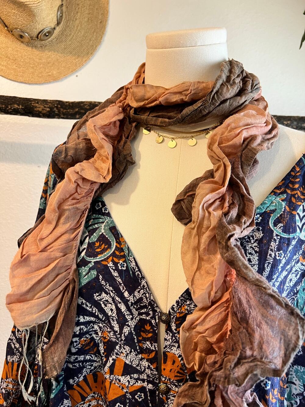 Sevya Brown & Pink Ruffled Silk Cotton Tassel Trim Wrap Scarf Summer Spring